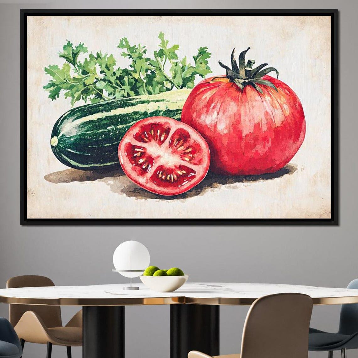 Red Tomato Half Slice Cucumber Parsley Watercolor Kitchen Wall Art - Image 3