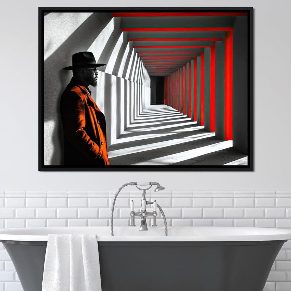 Red Shadows Gentleman Fedora Coat Geometric Corridor Art Poster - Image 2