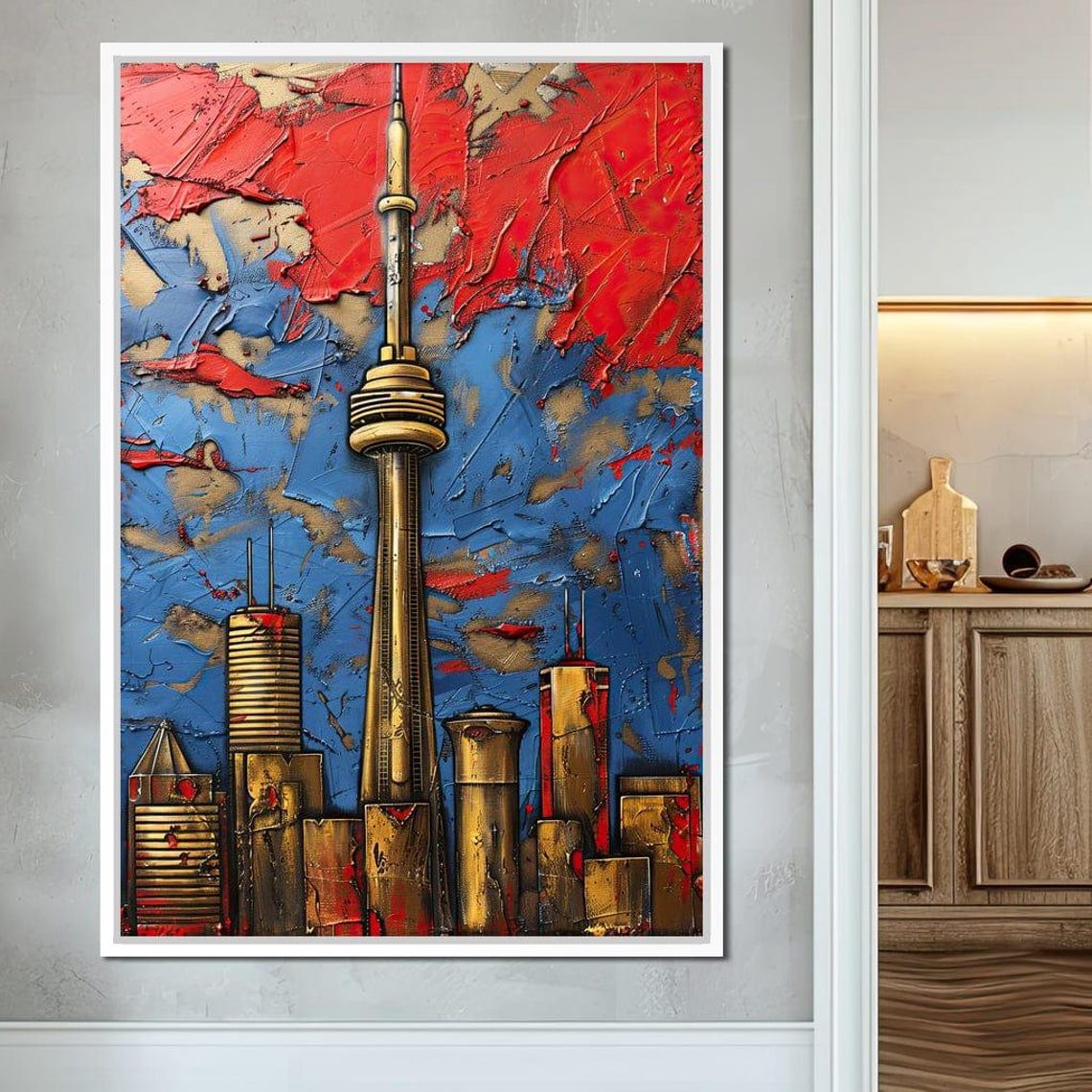 Toronto CN Tower Skyline Red Blue Gold Abstract Cityscape Wall Art - Image 3