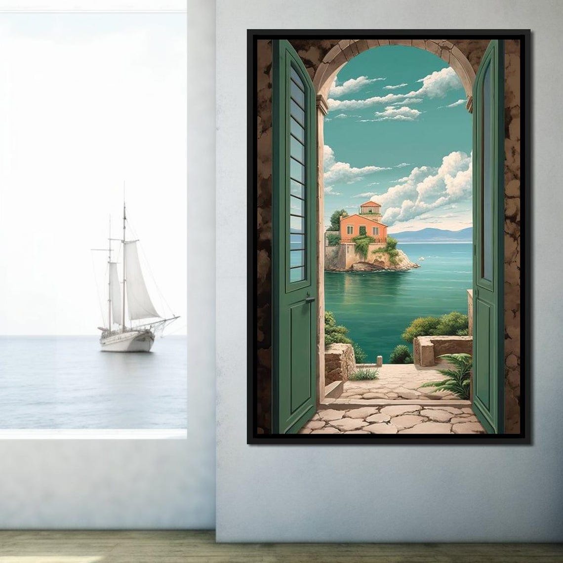 Mediterranean Island House Coastal View Through Arched Door Poster