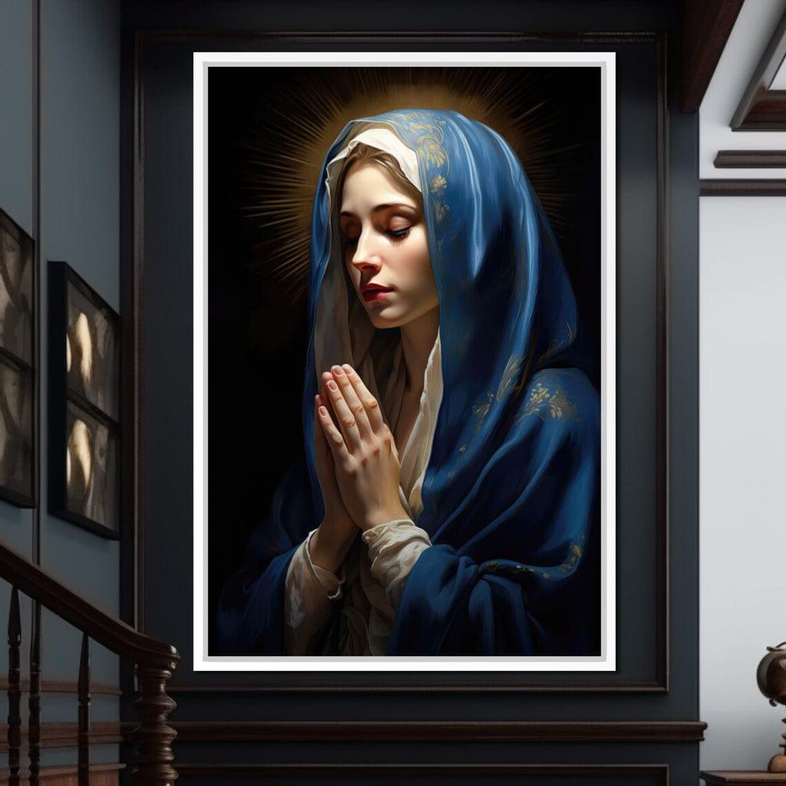Virgin Mary Praying Blue Veil Halo Ethereal Religious Devotional Art Poster - Image 4