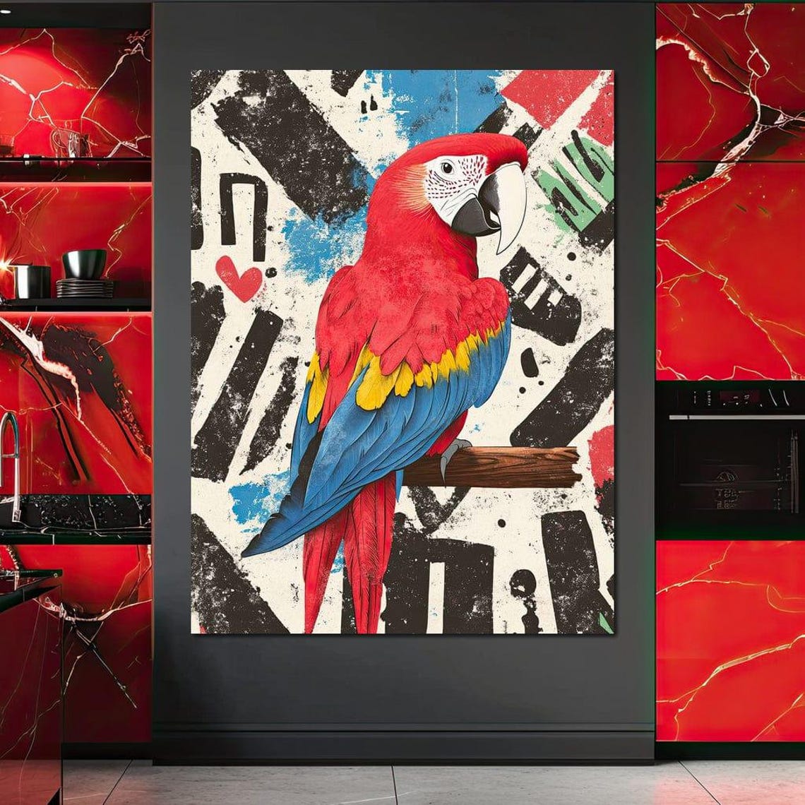 Scarlet Macaw Parrot On Bold Black Red Blue Abstract Pop Art Poster - Image 3