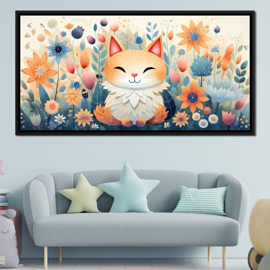 Whimsical Smiling Orange Cat Pastel Floral Garden Nursery Poster - Image 2