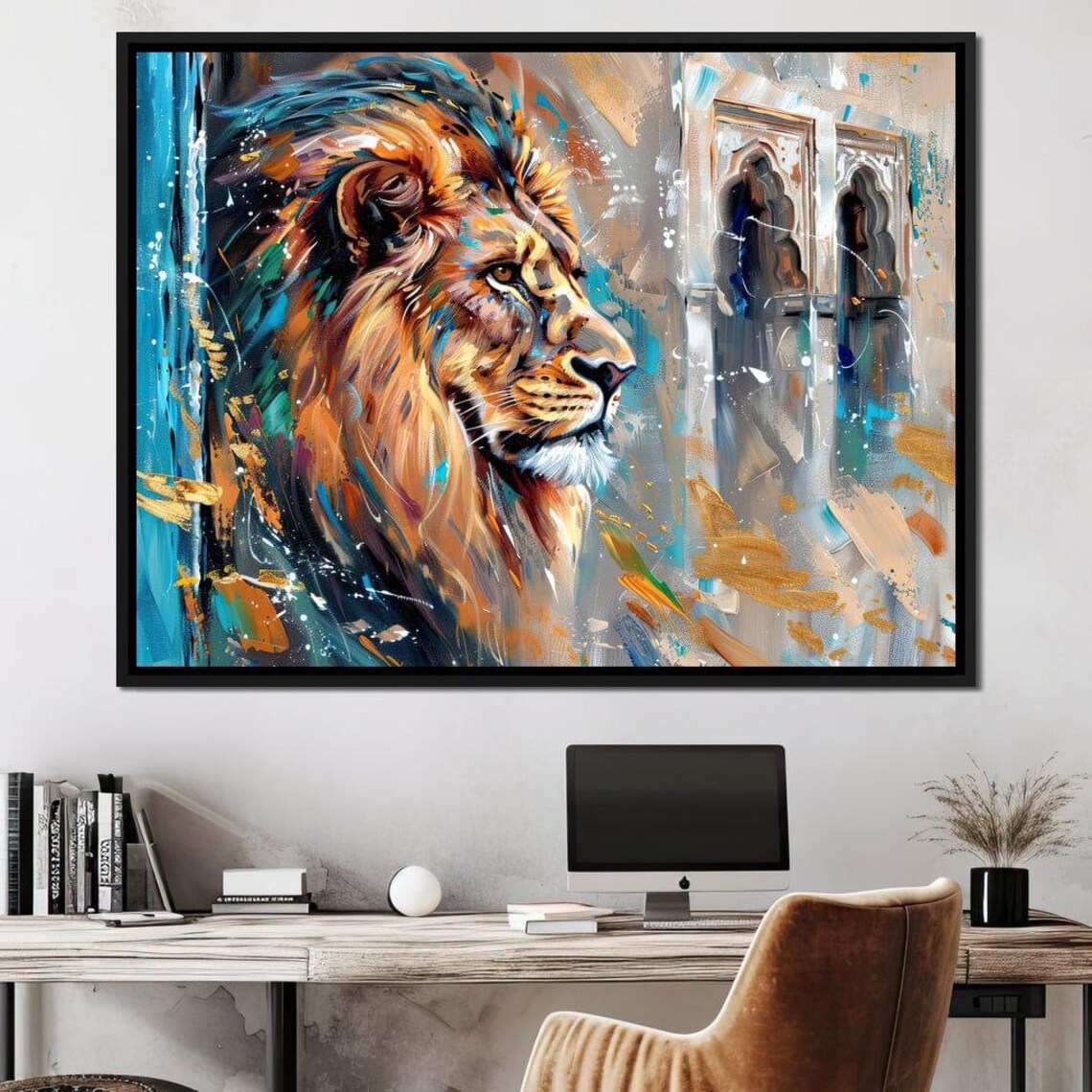 Regal Lion Portrait Vibrant Brushstroke Turquoise Gold Wall Art Poster - Image 2