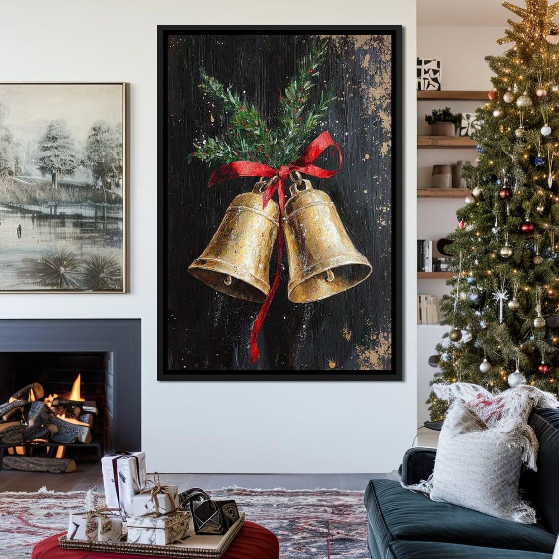 Golden Christmas Bells With Red Ribbon Pine Black Holiday Poster - Image 4