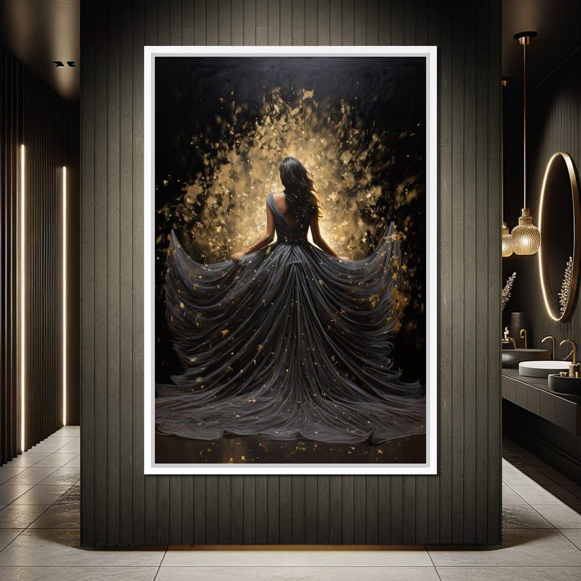 Woman Black Flowing Gown Gold Sparkles Dark Elegant Night Poster - Image 2