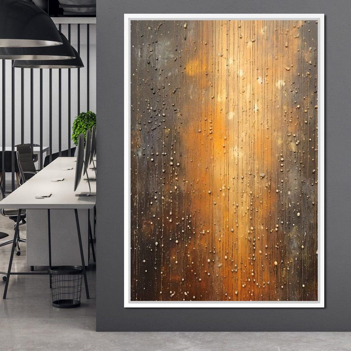Golden Rain Droplets Bronze Textured Abstract Vertical Wall Art Print - Image 3