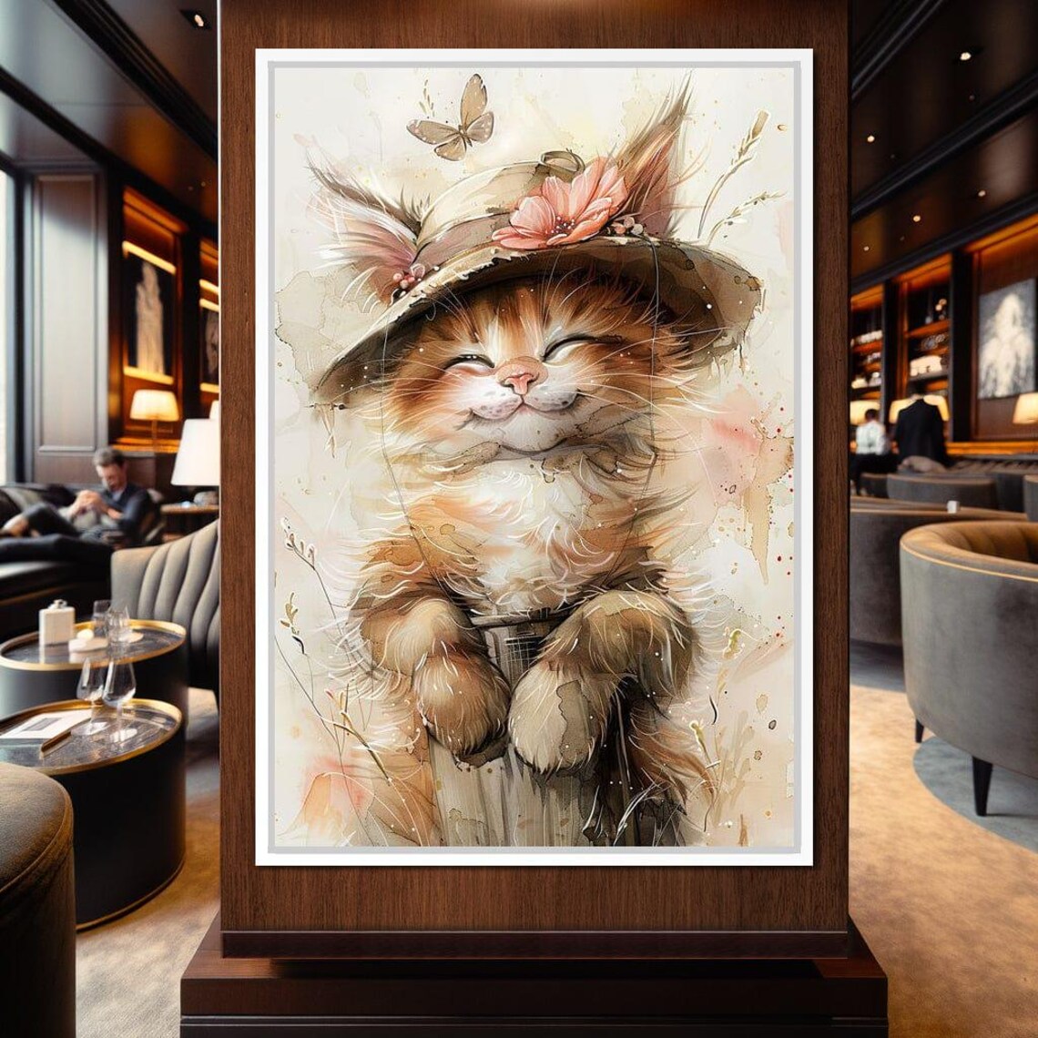 Watercolor Kitten Wearing Floral Straw Hat Autumn Butterfly Art Poster - Image 2