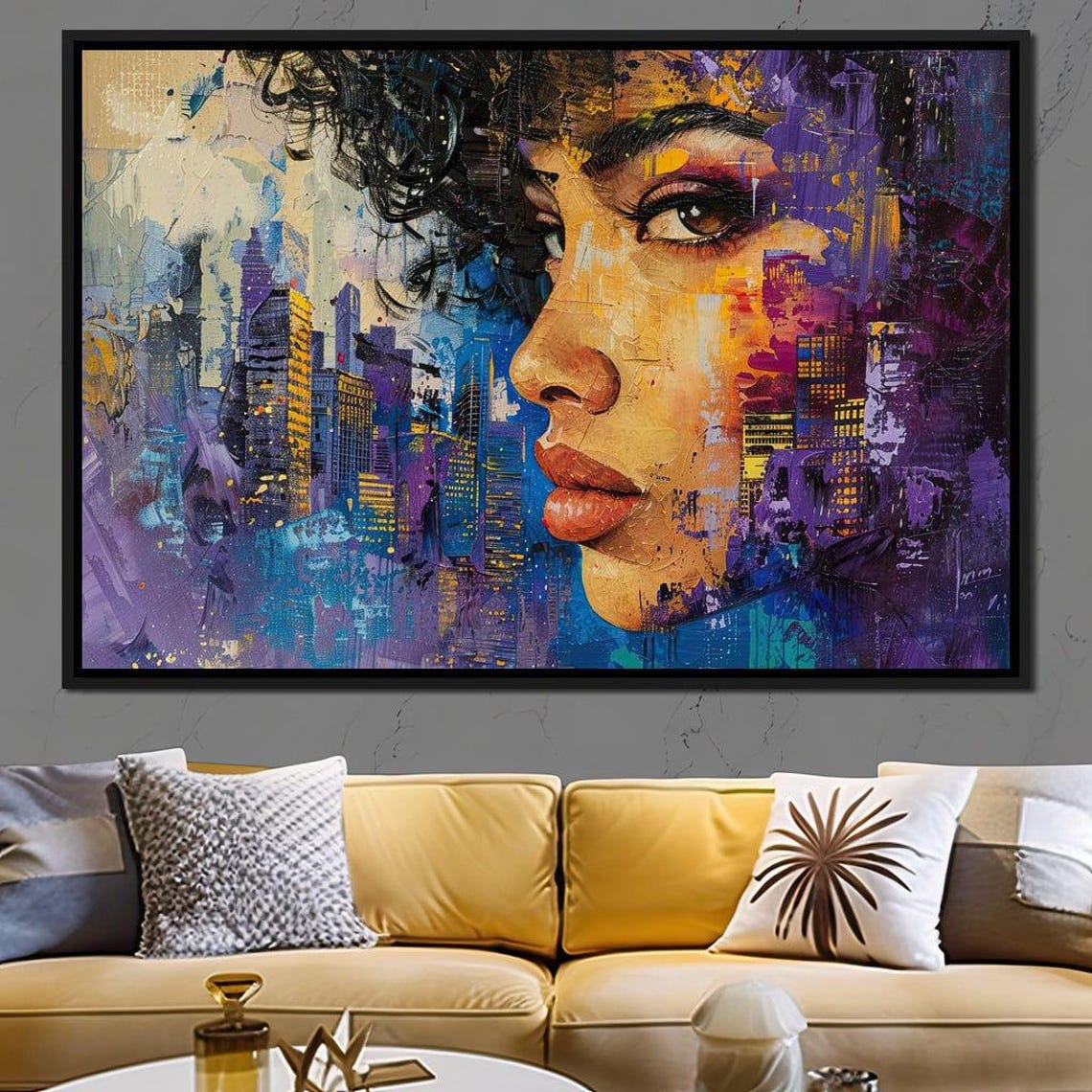 Night City Skyline Woman Profile Purple Blue Wall Art Poster - Image 2