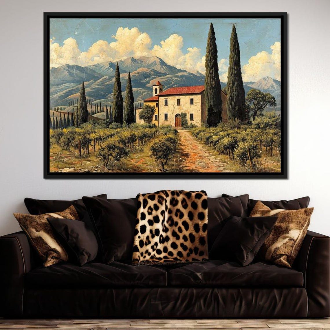 Tuscan Farmhouse Vineyard Cypress Trees Dirt Path Mountain View Poster - Image 3