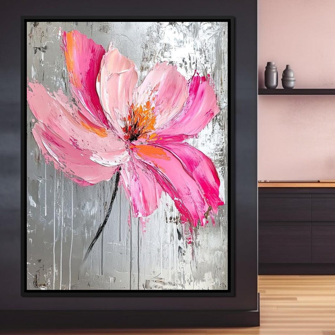 Pink Poppy Flower Gray Textured Modern Botanical Wall Art Poster - Image 4