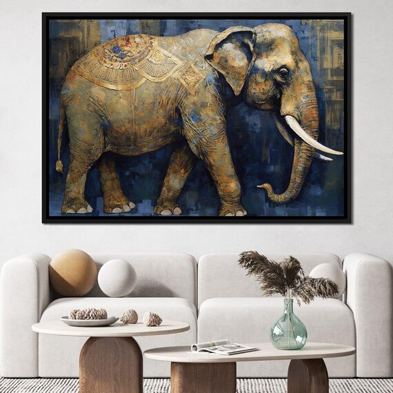 Majestic Elephant Textured Gold Blue Walking Wildlife Wall Art