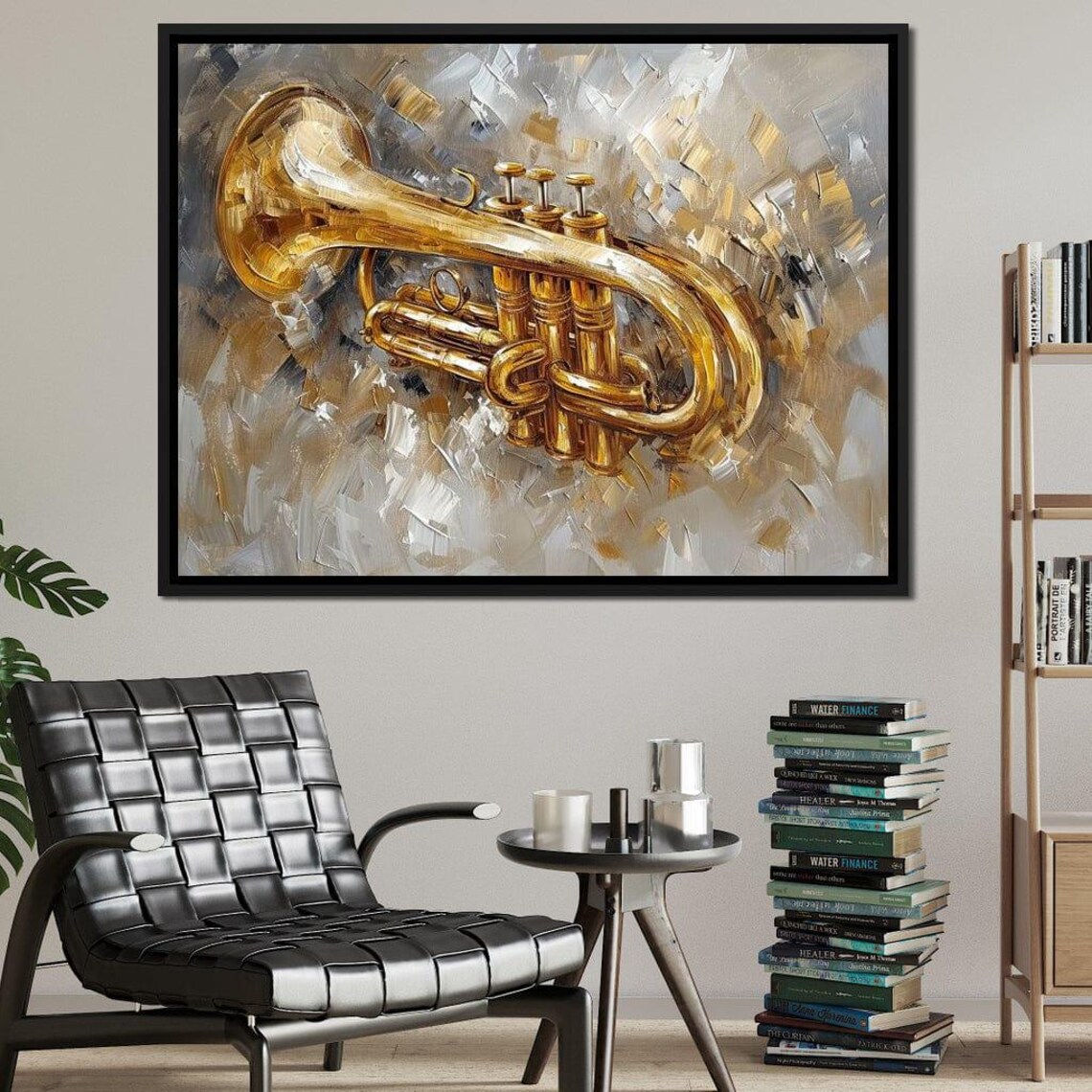 Golden Trumpet Brass Instrument Abstract Gray Background Music Art Poster - Image 2