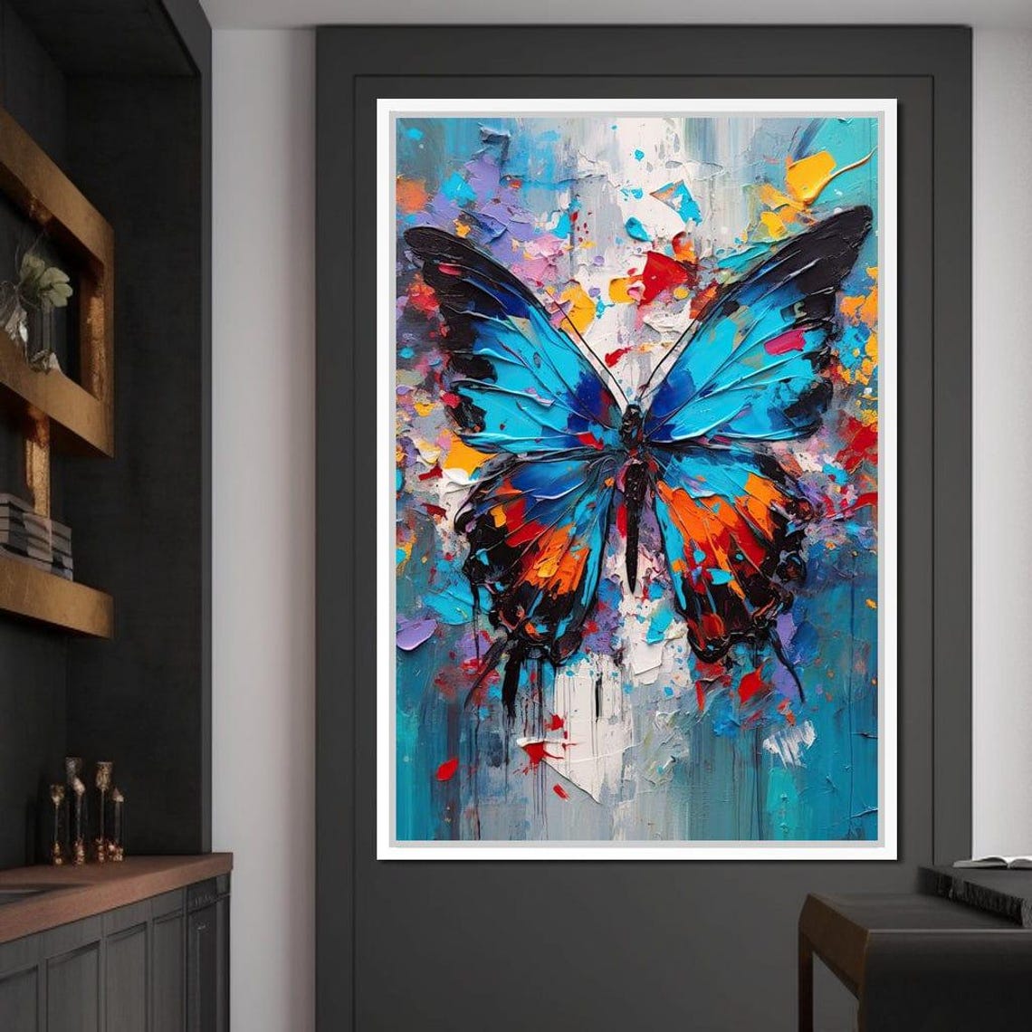Blue Orange Abstract Butterfly Textured Oil Paint Bold Wall Art - Image 2