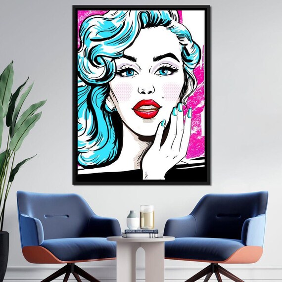 Pop Art Blonde Woman Turquoise Hair Pink Retro Comic Style Poster