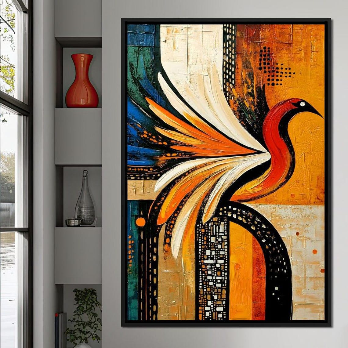 Abstract Phoenix Bird Orange Gold Teal Geometric Mosaic Art Print