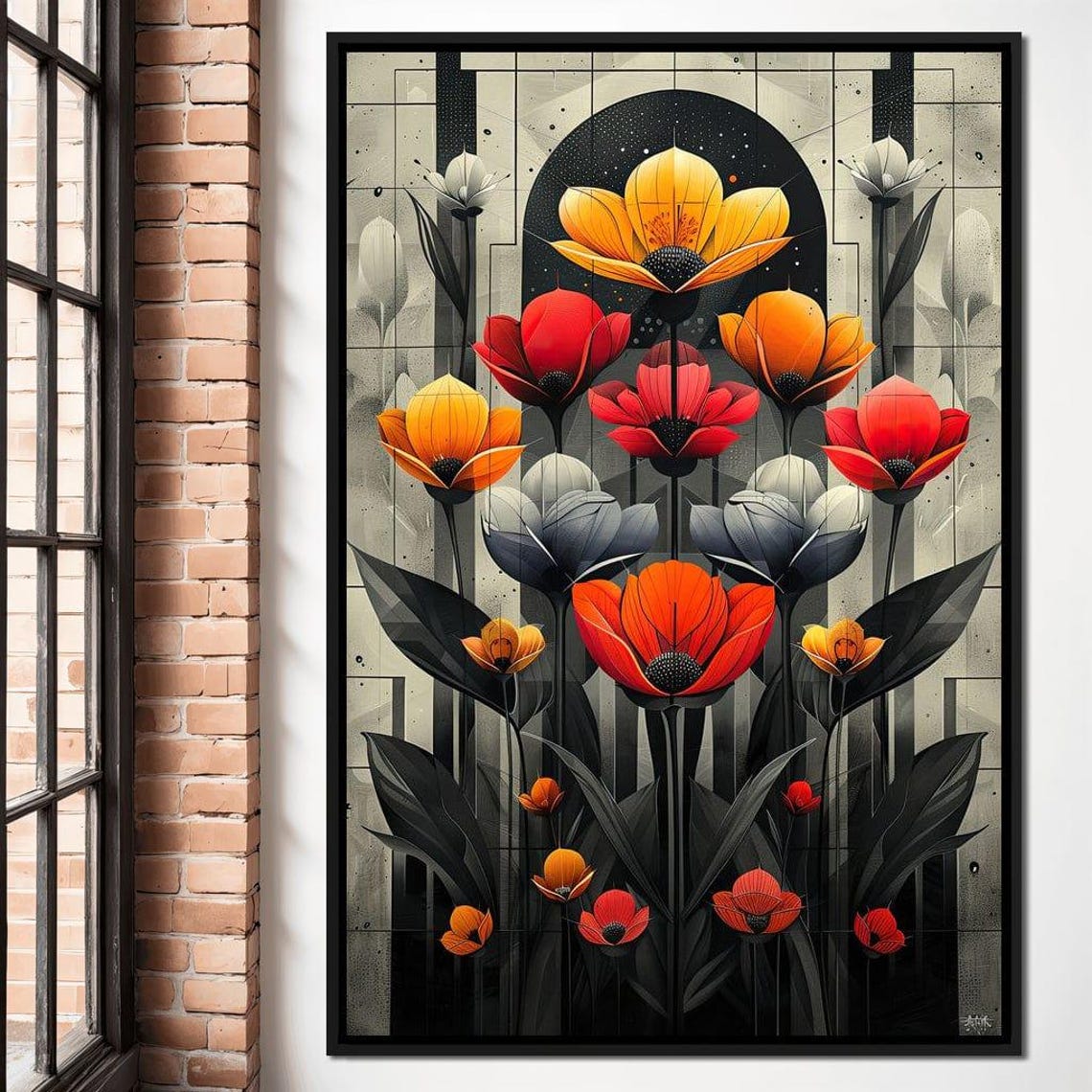 Vibrant Poppies Art Deco Floral Red Orange Gold Dark Wall Art - Image 4