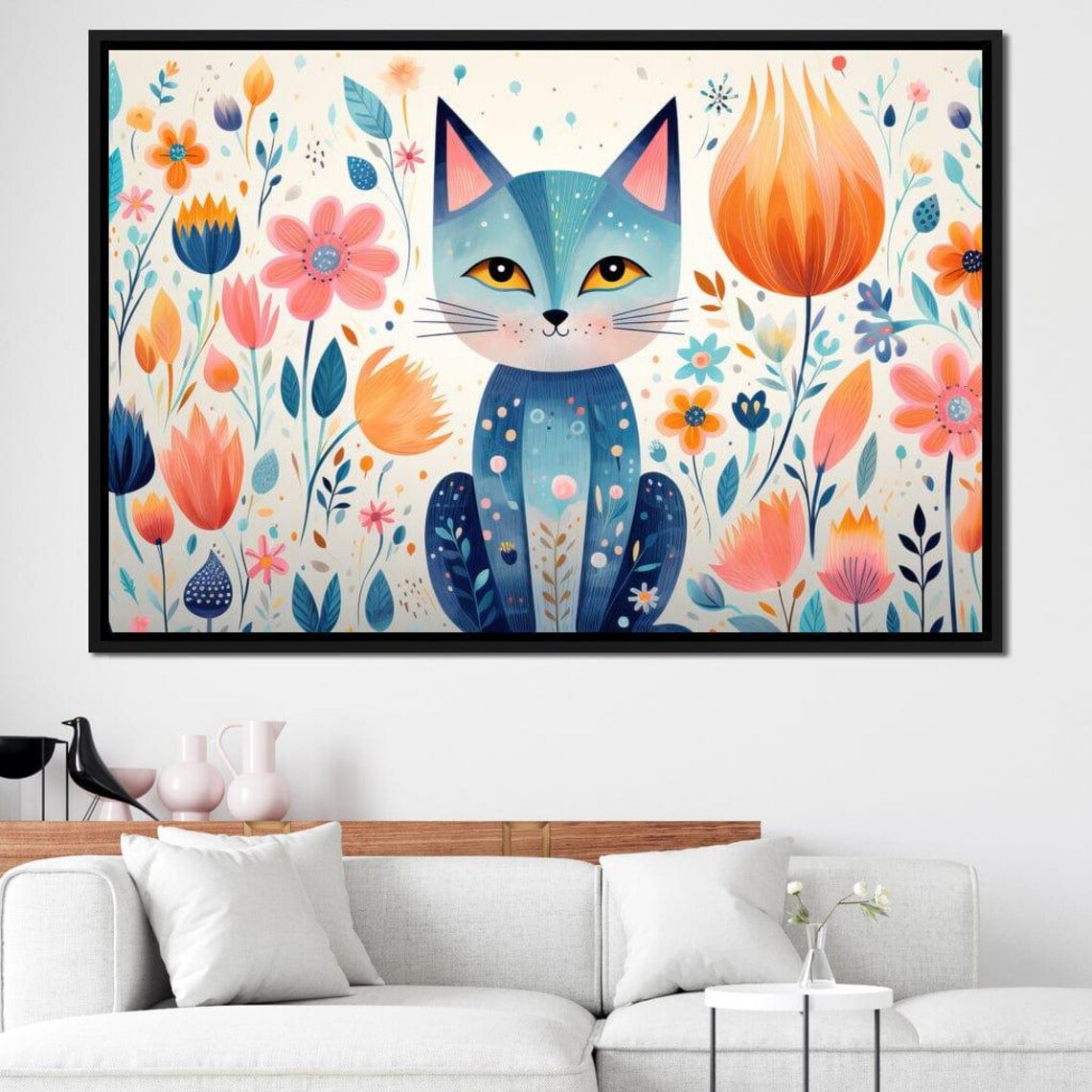 Whimsical Blue Cat Among Colorful Folk Flowers Kids Wall Art Poster - Image 4