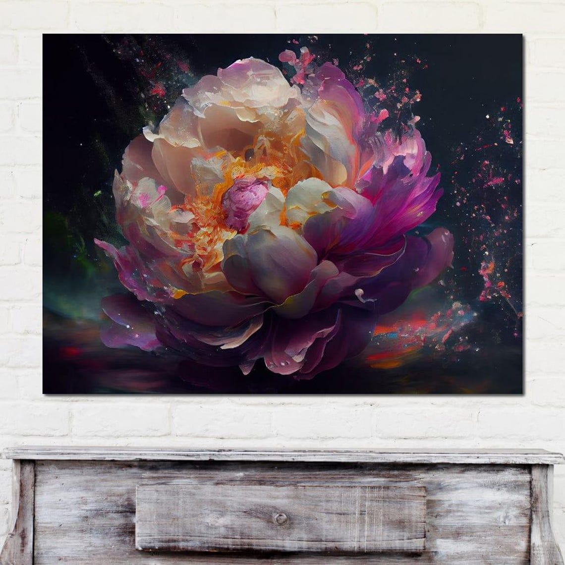 Dramatic Purple Peony Bloom On Dark Moody Background Floral Print - Image 4