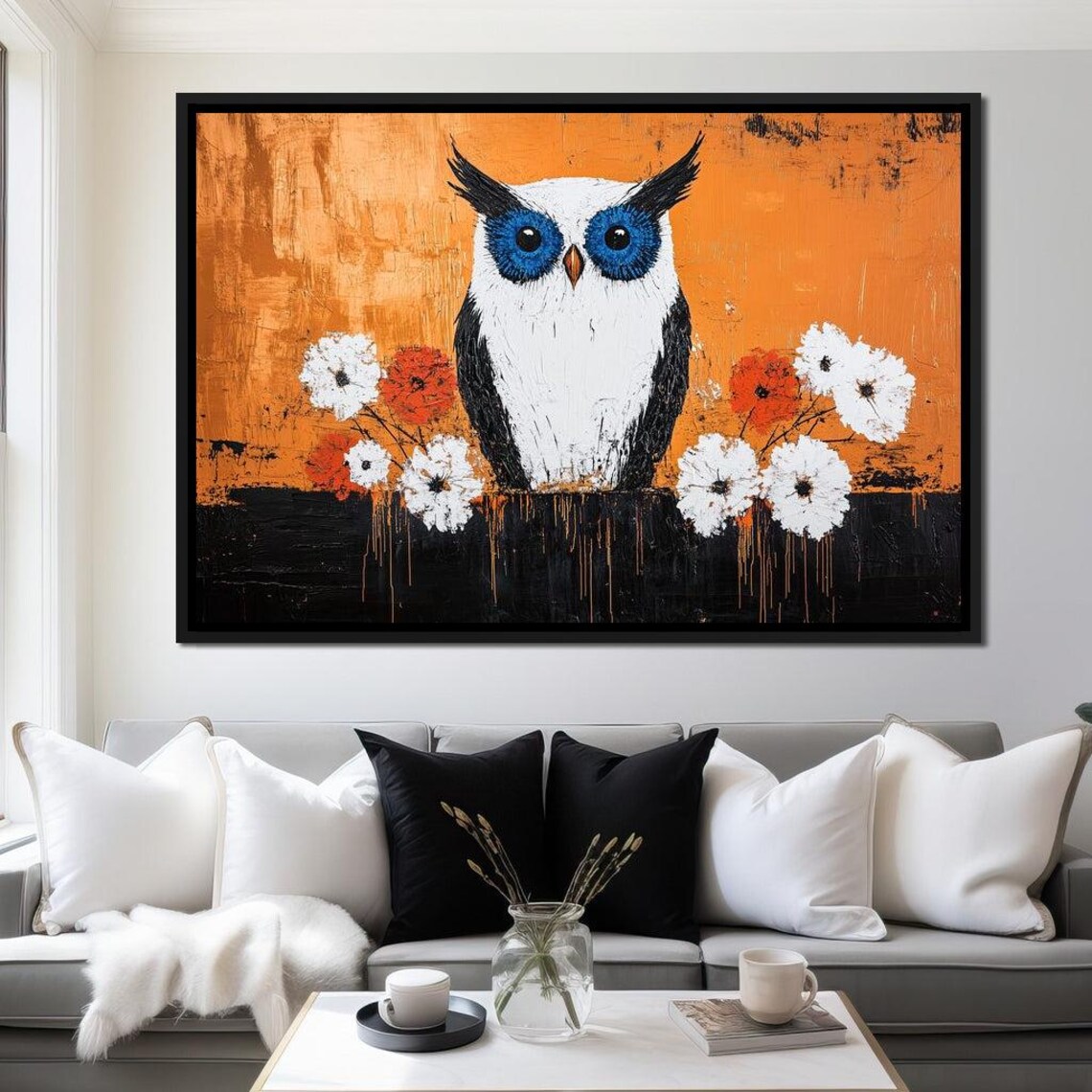 Blue Eyed White Owl Among Flowers Orange Abstract Wildlife Poster - Image 2