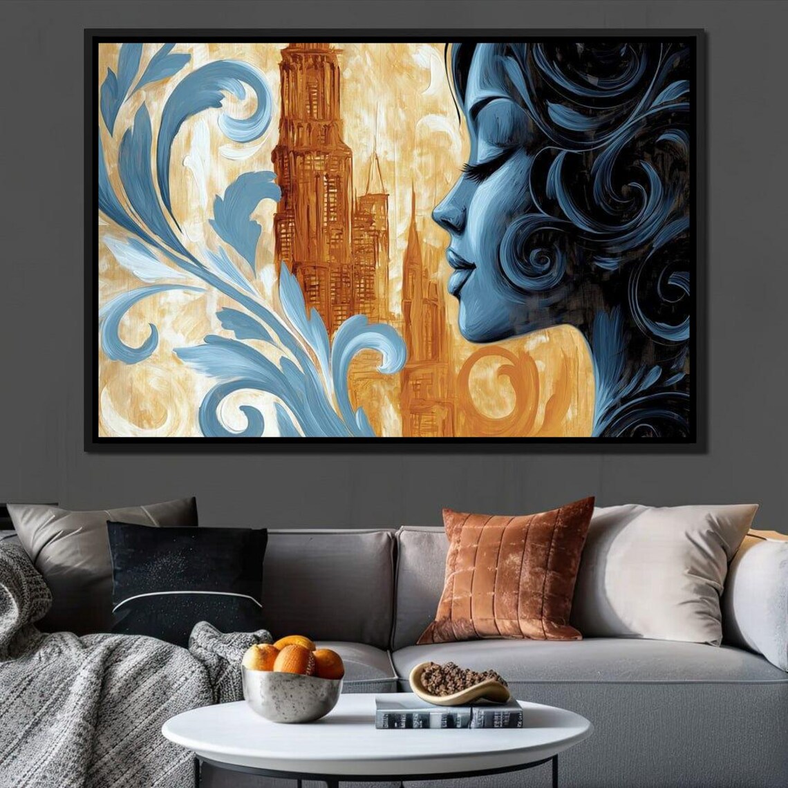 Art Nouveau Blue Woman Profile Gold Tower Floral Swirls Elegant Poster - Image 4