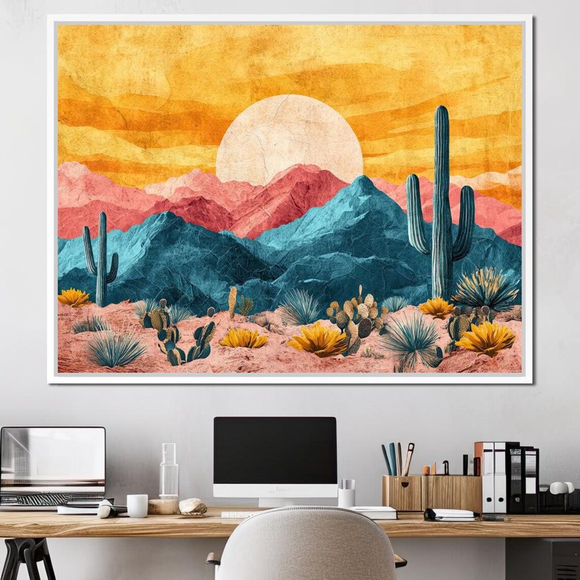 Southwestern Desert Landscape Teal Mountains Golden Sun Art Print