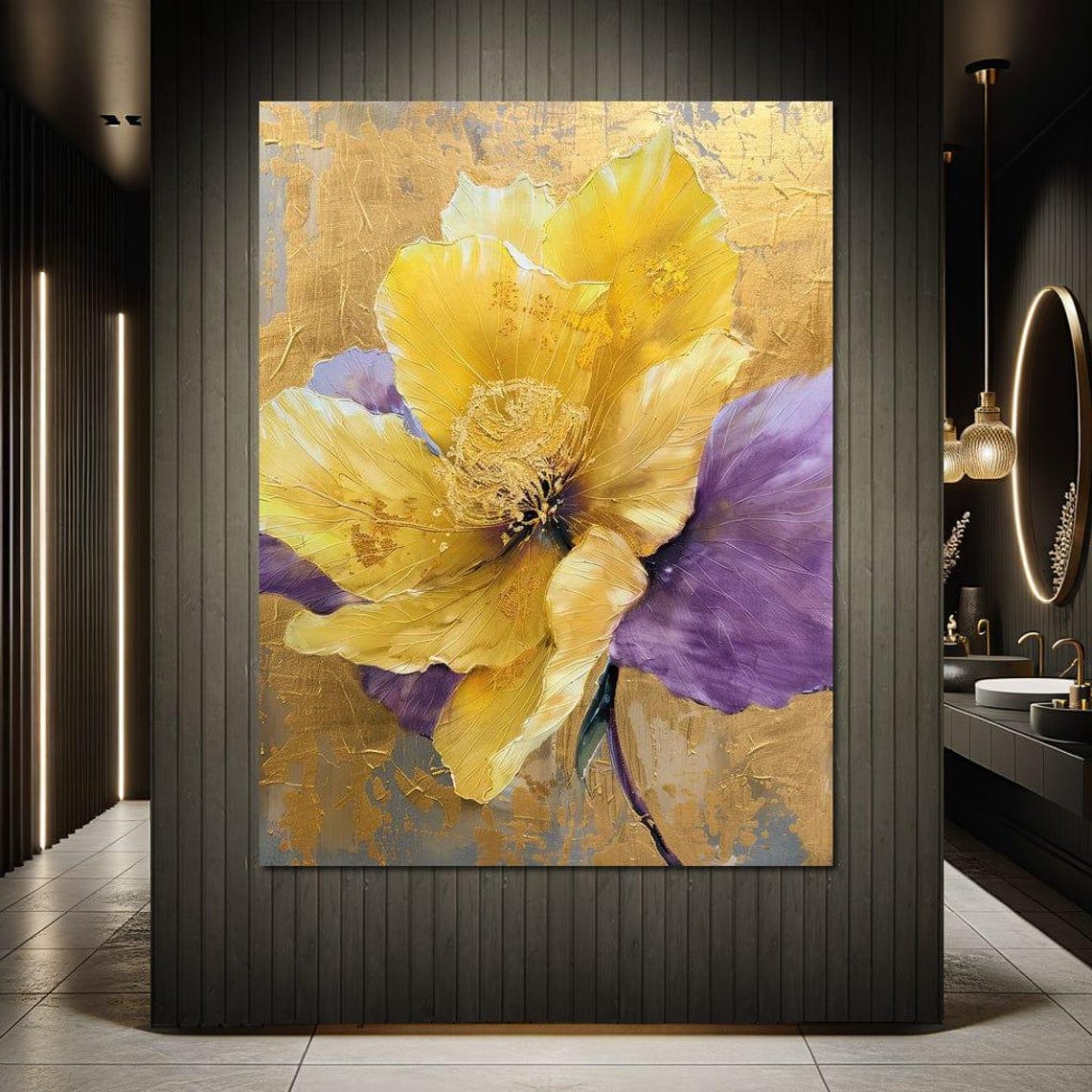 Yellow Gold Flower Purple Petals Abstract Gold Leaf Wall Art Poster - Image 3