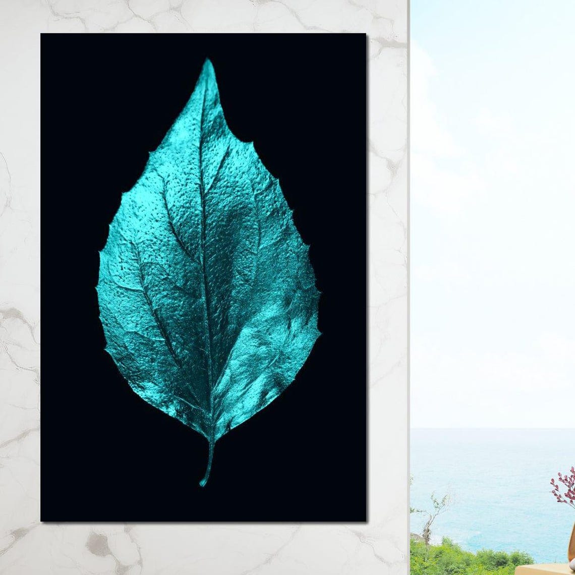 Metallic Turquoise Leaf Black Background Minimal Botanical Art Poster - Image 3