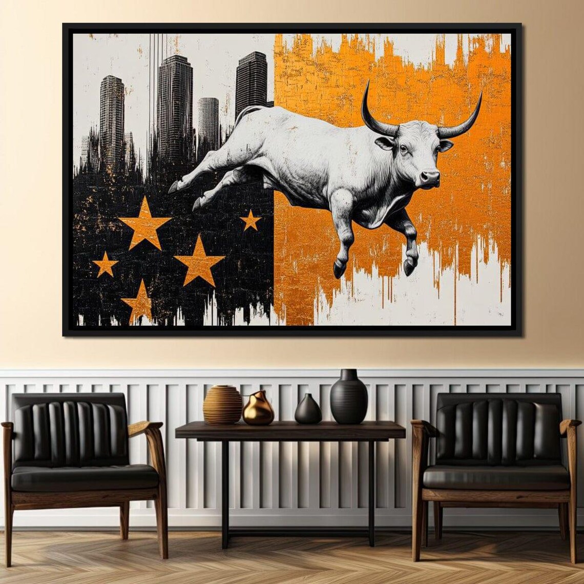 White Bull Leaping Gold Stars Orange Black Abstract Market Wall Art Poster - Image 4