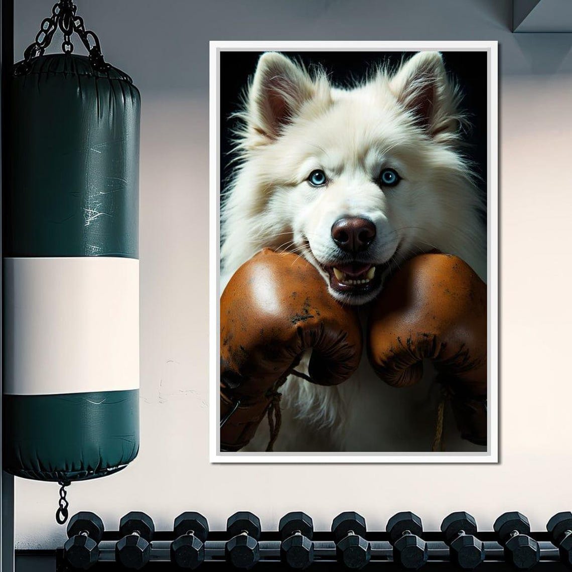 Smiling Samoyed Puppy Resting on Tan Boxing Gloves Funny Poster - Image 3