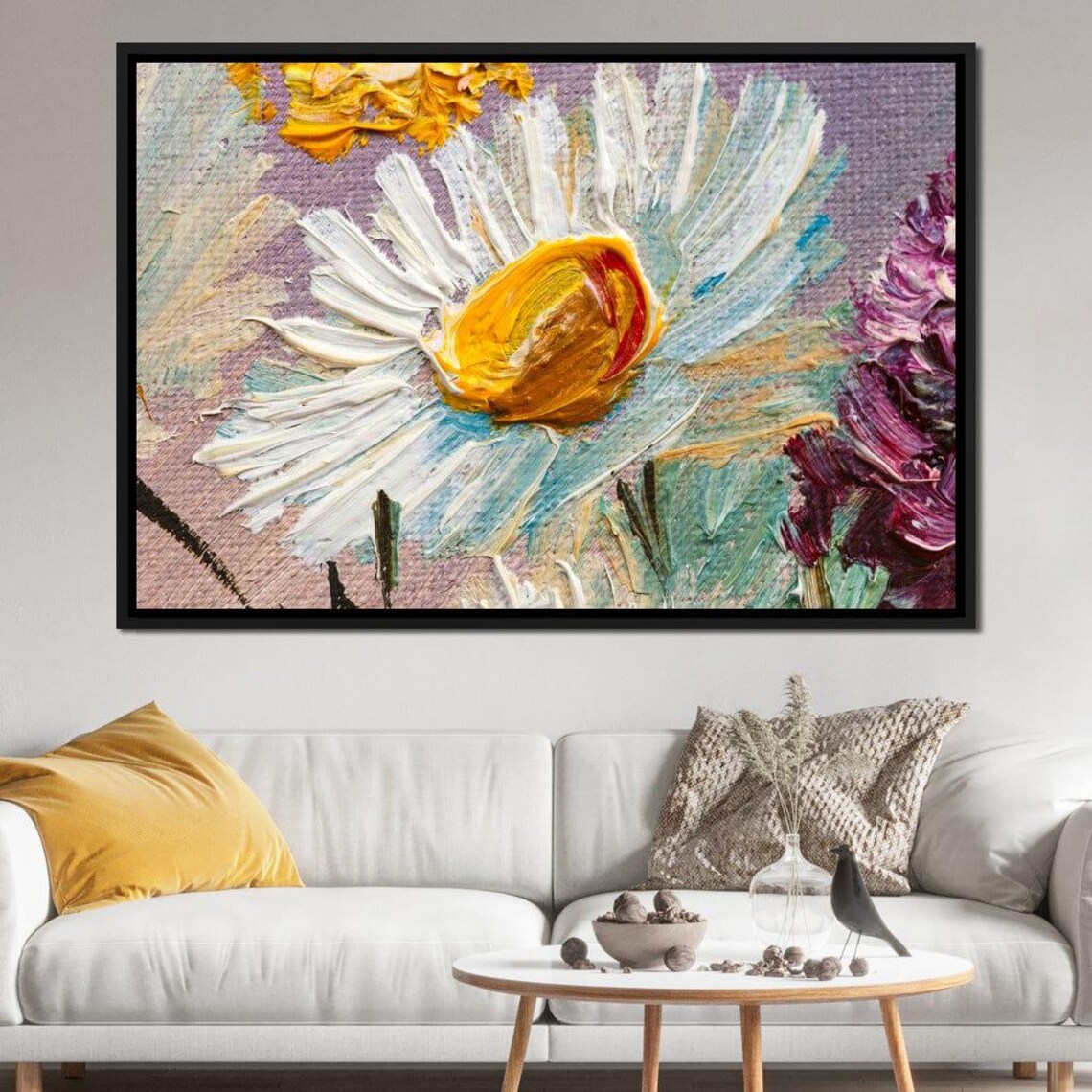 White Daisy Impasto Oil Painting Thick Brushstroke Floral Print - Image 2