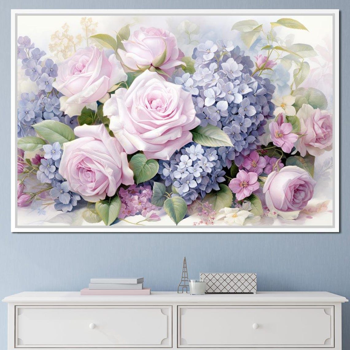 Pink Roses Blue Hydrangea Bouquet Watercolor Spring Art Print