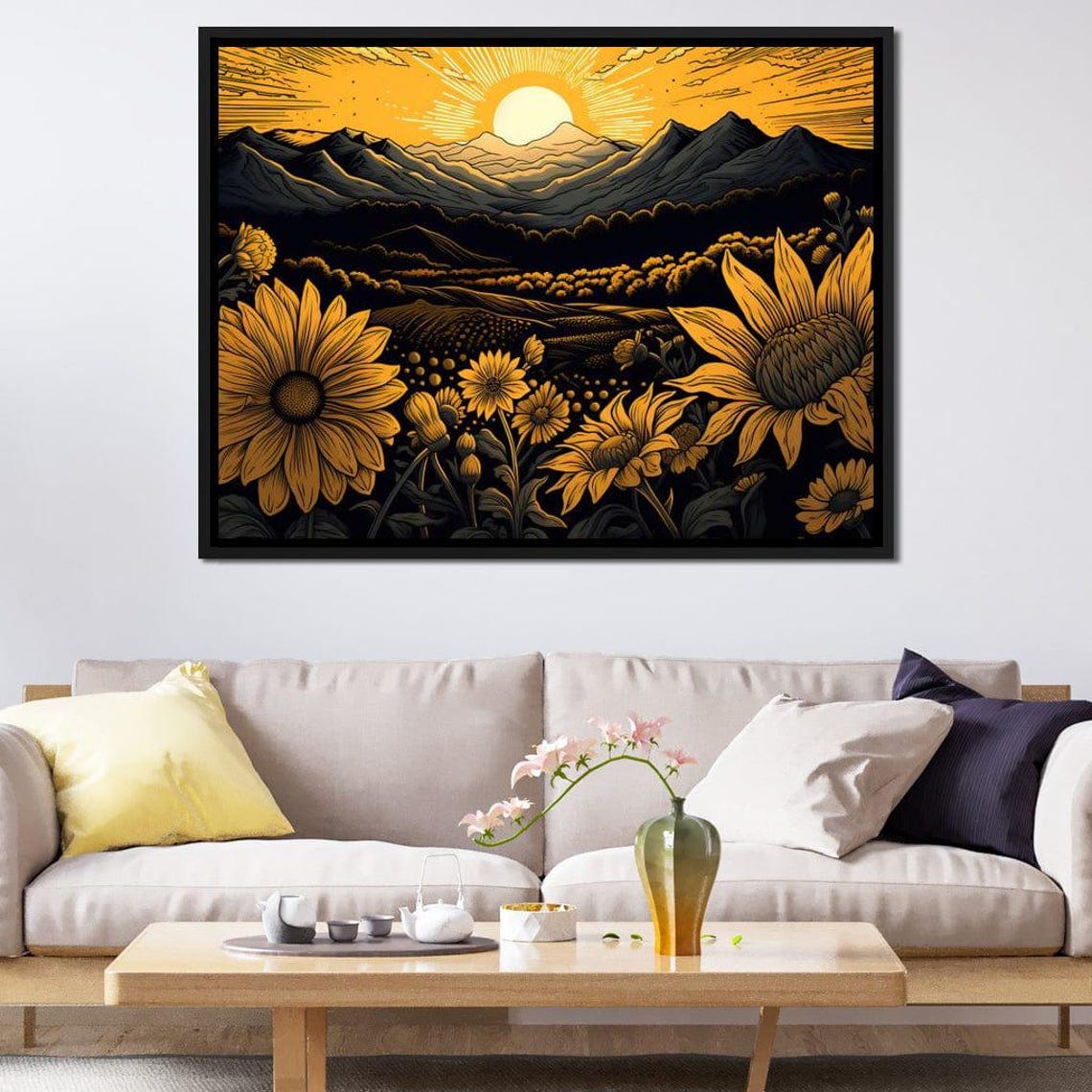 Golden Hour Sunflower Field At Sunset Mountain Landscape Art Poster - Image 2