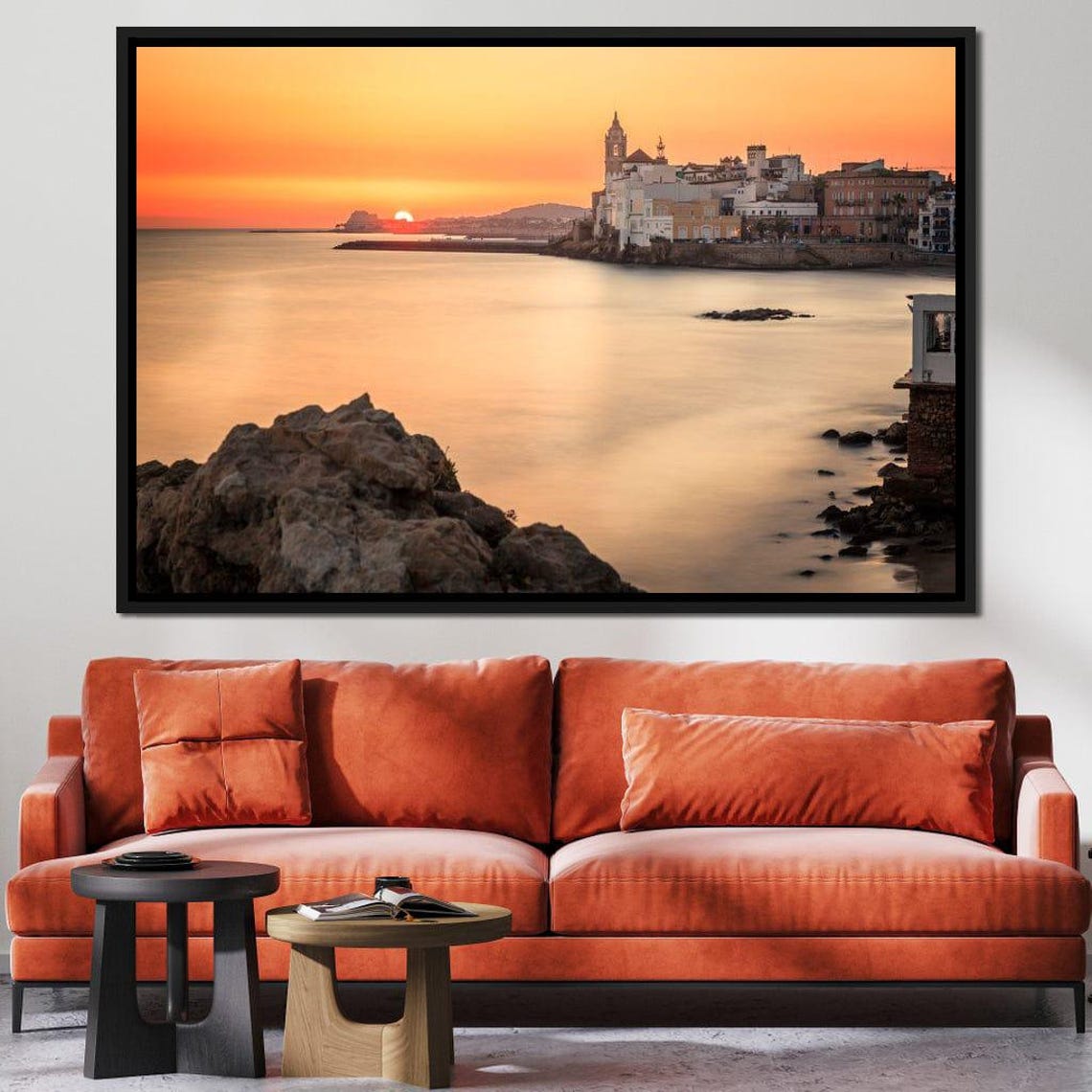 Mediterranean Old Town Sunset Over Calm Sea Rocky Coast Travel Poster