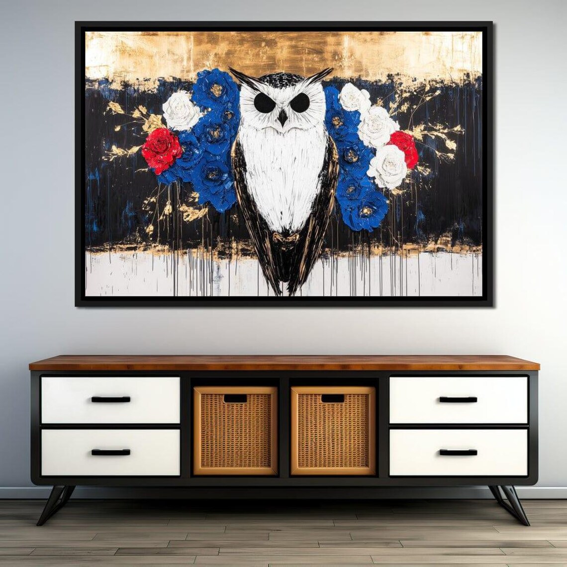 White Owl With Floral Wings Halo Black Gold Dramatic Art Poster - Image 2