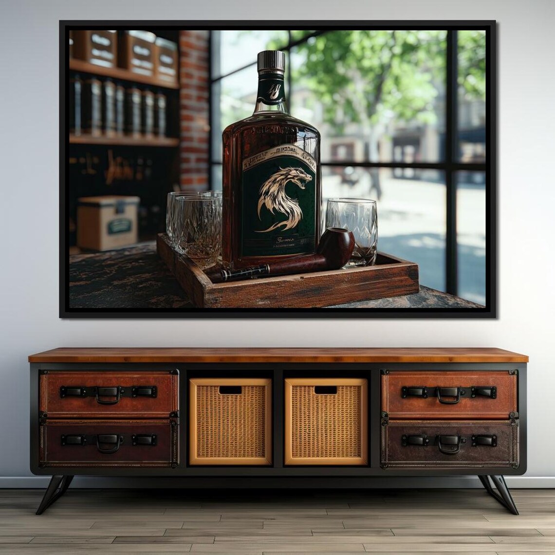 Dragon Label Whiskey Bottle Pipe Crystal Glasses Vintage Bar Art Poster - Image 2