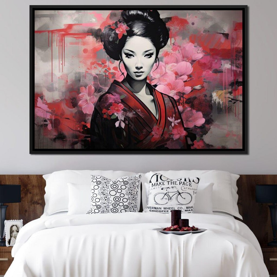 Geisha Cherry Blossom Crimson Kimono Night Floral Fantasy Wall Art - Image 4