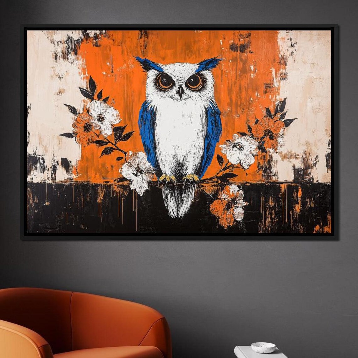 White Owl With Blue Wings Orange Blossom Floral Art Wildlife Poster