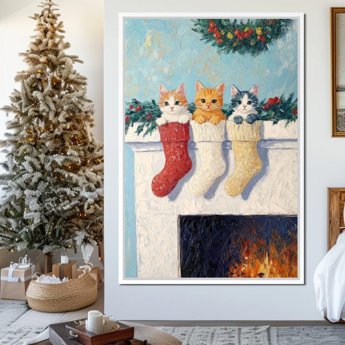 Three Cute Kittens In Christmas Stockings By The Fireplace Poster - Image 3