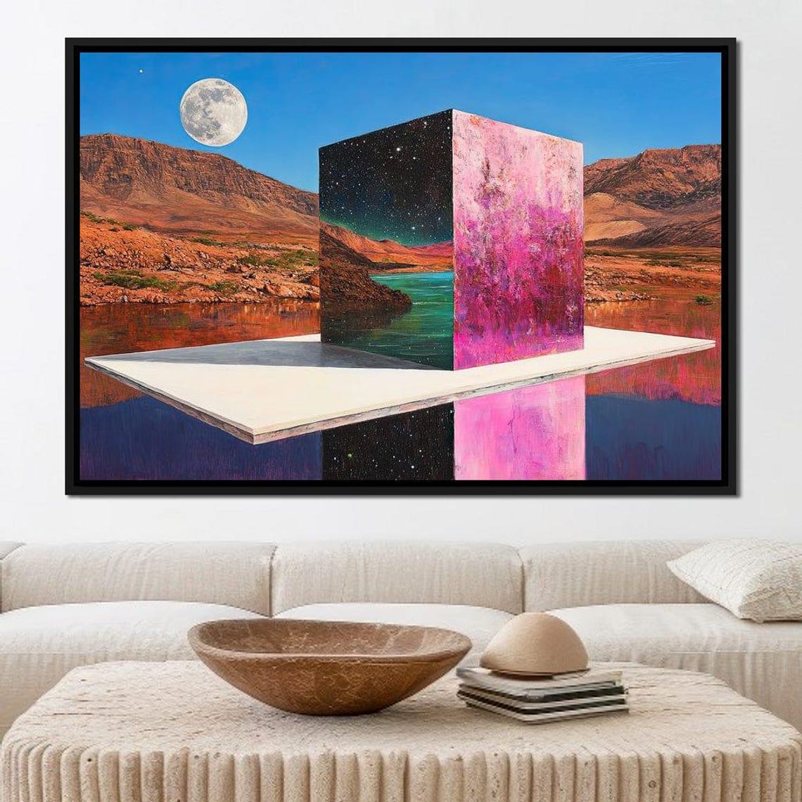 Celestial Pink Cube Surreal Cosmic Home Decor Modern Wall Art Psychedelic Fantasy Scene Vibrant Cube By Nichecanvas - Image 2