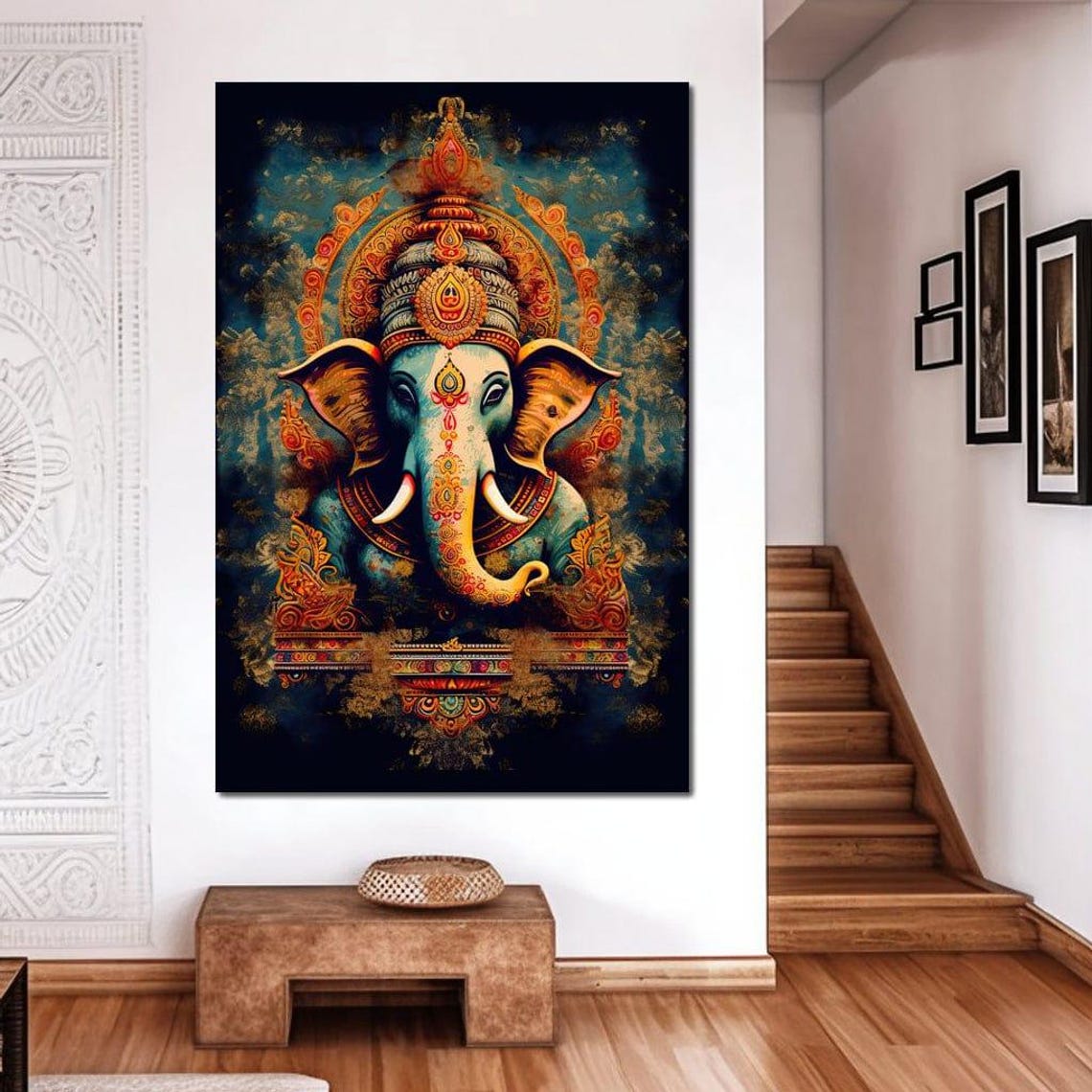 Tranquil Ganesha Golden Crown Teal Cosmic Hindu Deity Poster - Image 2
