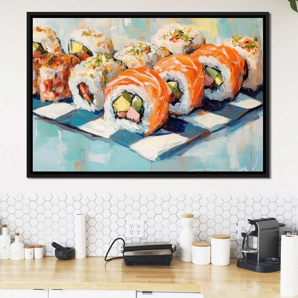 Salmon Rainbow Sushi Rolls Teal Checkered Modern Kitchen Decor Poster - Image 3