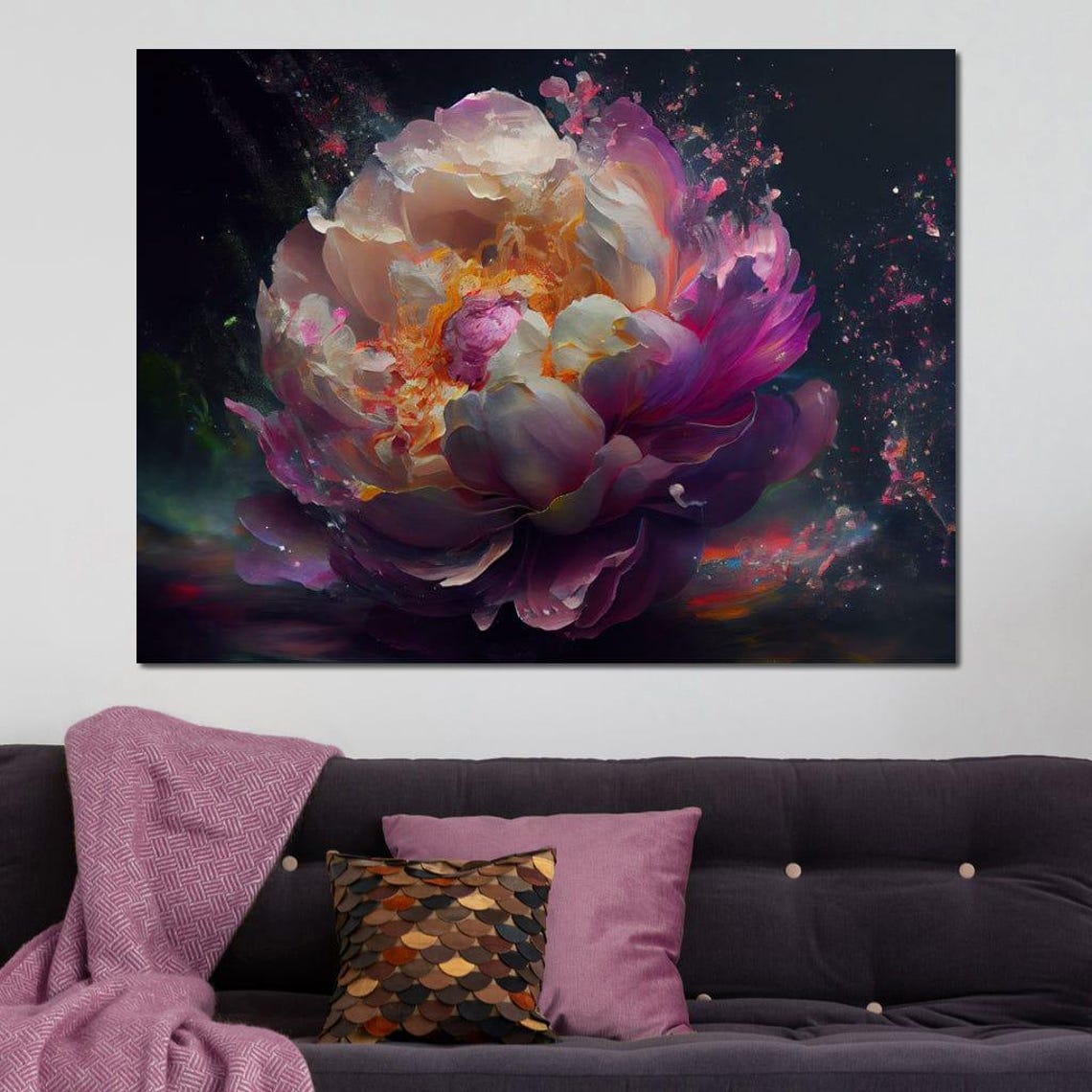 Dramatic Purple Peony Bloom On Dark Moody Background Floral Print - Image 3