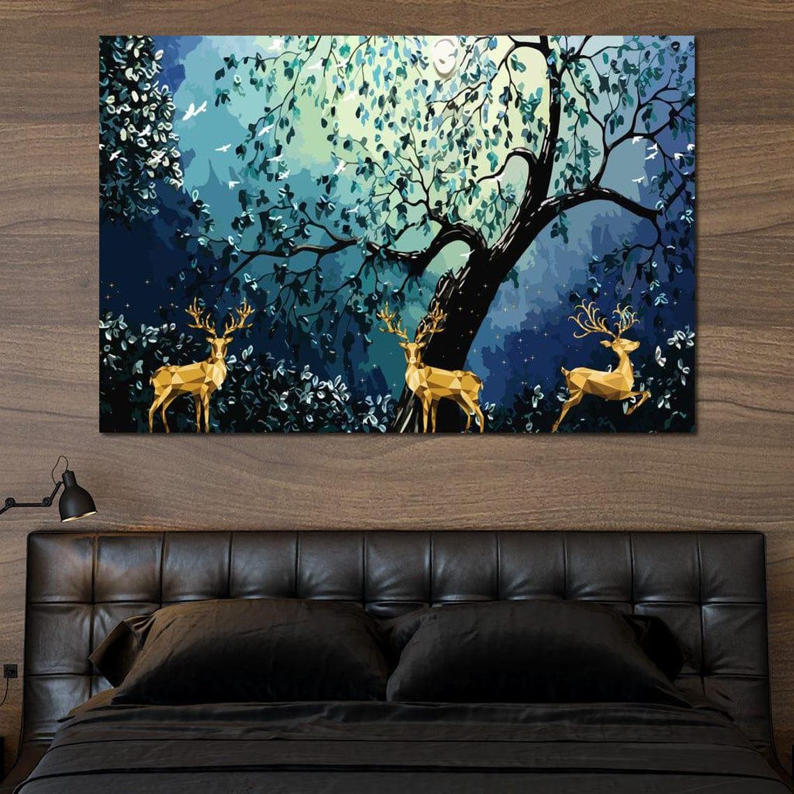 Golden Deer Under Moonlit Tree Night Forest Fantasy Wall Art - Image 4