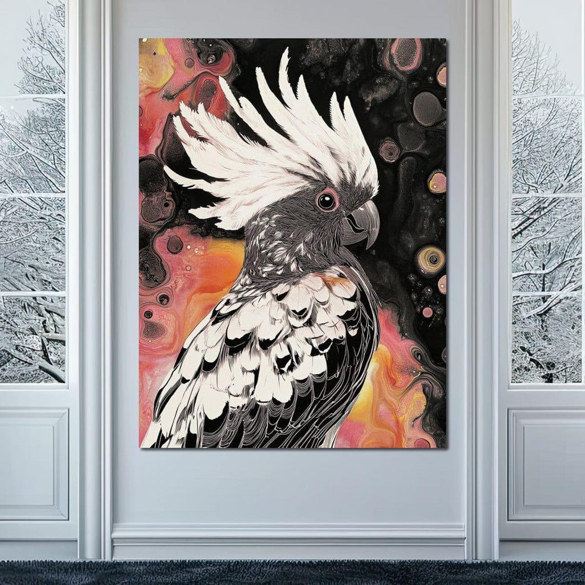 Crested Black and White Cockatoo on Fiery Abstract Background Poster - Image 2