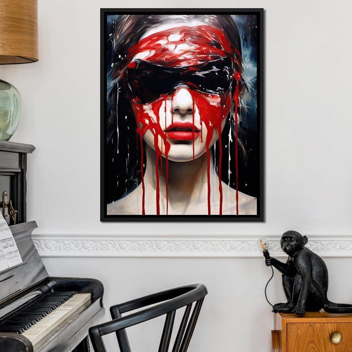Red Veil Paint Drips Blindfolded Woman Edgy Gothic Portrait Poster
