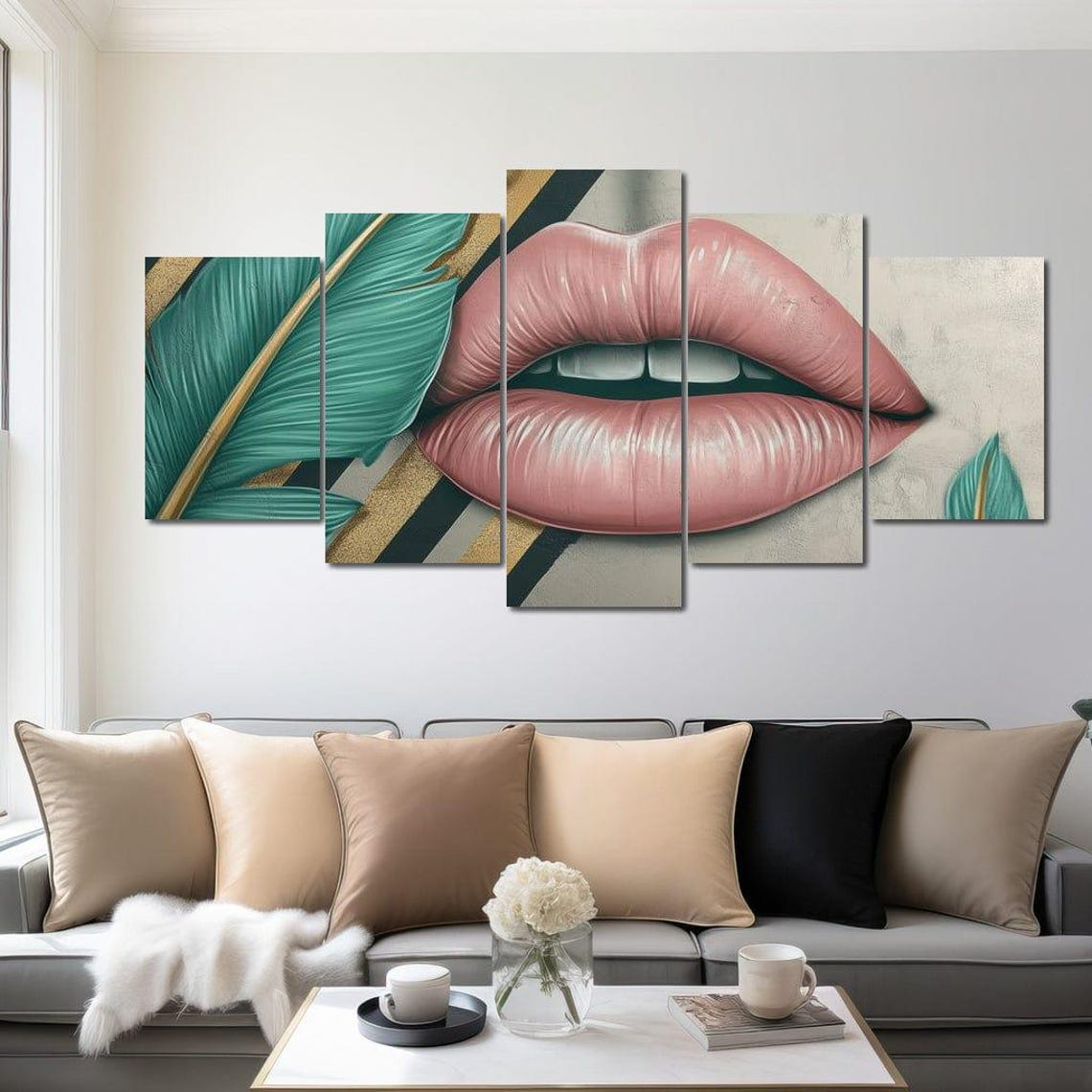 Pink Glossy Lips Tropical Green Leaf Multi Panel Modern Pop Poster
