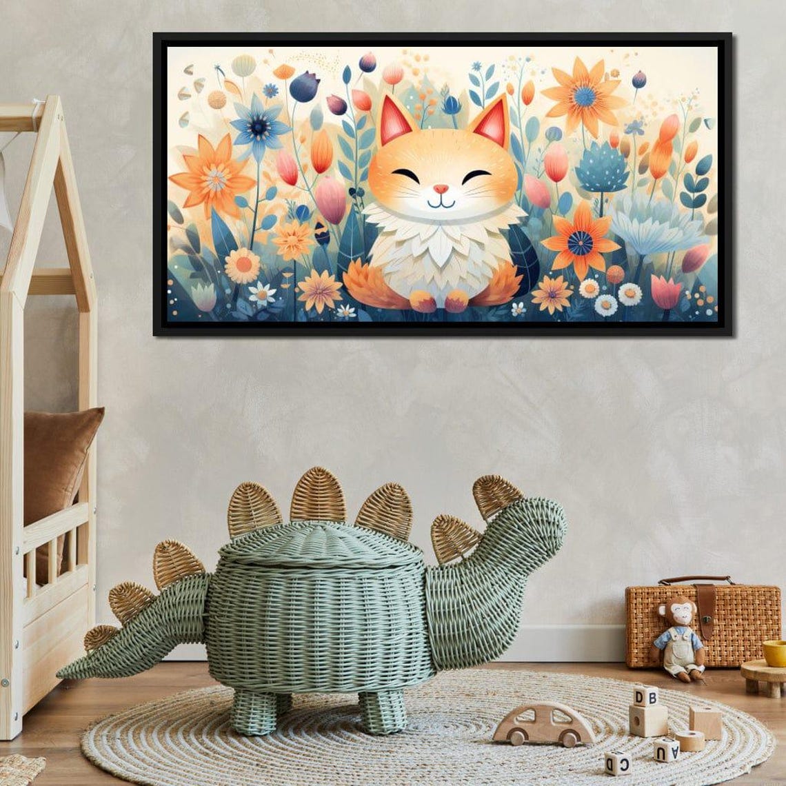 Whimsical Smiling Orange Cat Pastel Floral Garden Nursery Poster - Image 3