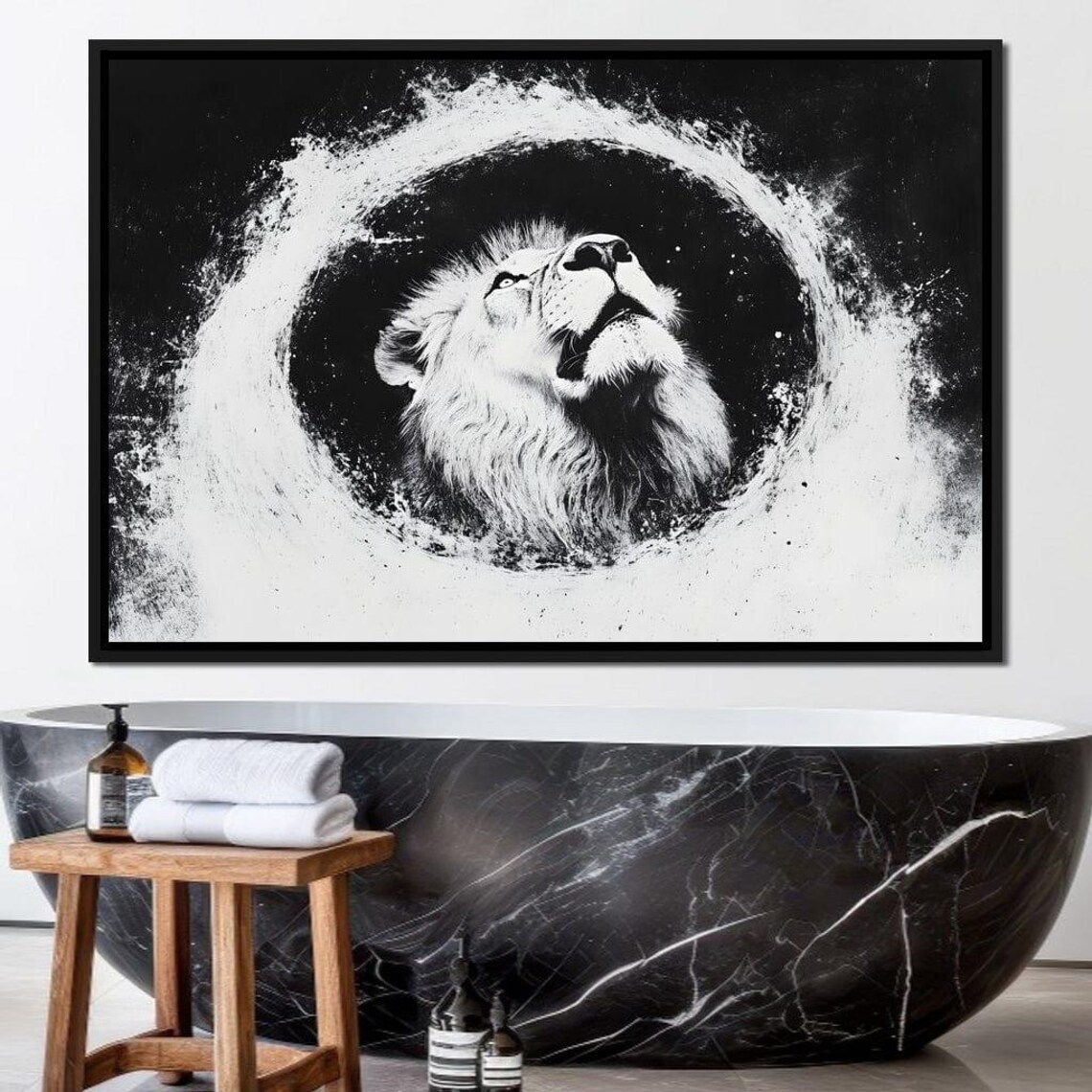 Lion Looking Skyward in a Black and White Water Splash Swirl Poster - Image 2