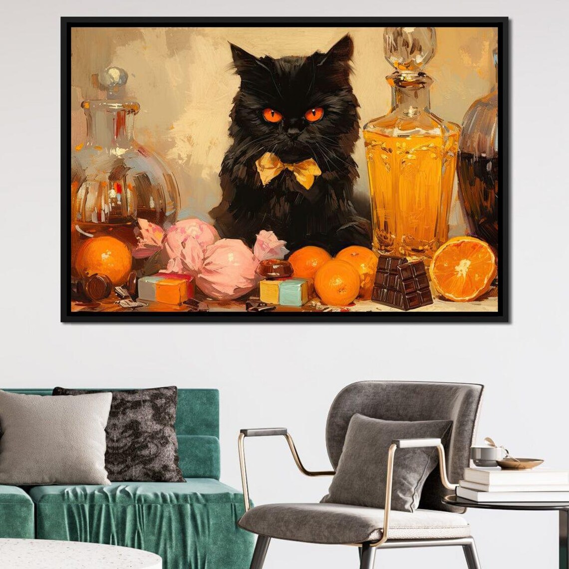 Black Cat With Gold Bow Tie Feast Of Oranges And Sweets Art Poster - Image 3